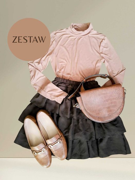 Elegancki zestaw S-M brązowa czekoladowa spódnica i beżowy golf
