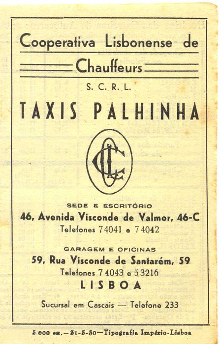 Antigos Horários dos Taxis Palhinha 1956