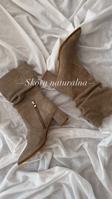 Beżowe botki kozaki kremowe zamsz skóra naturalna rozmiar 38