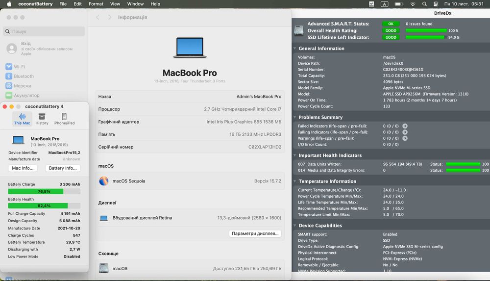 MacBook Pro 13 2018 Core i7 16 256 SSD Space Gray A1989