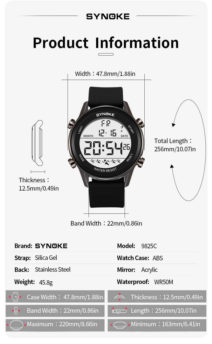 Sportowy Synoke zegarek elektroniczny wodoodporny WR50 luma cyfrowy