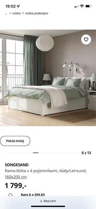 Ikea rama łóżka songesand 160x200 4 szuflady biała