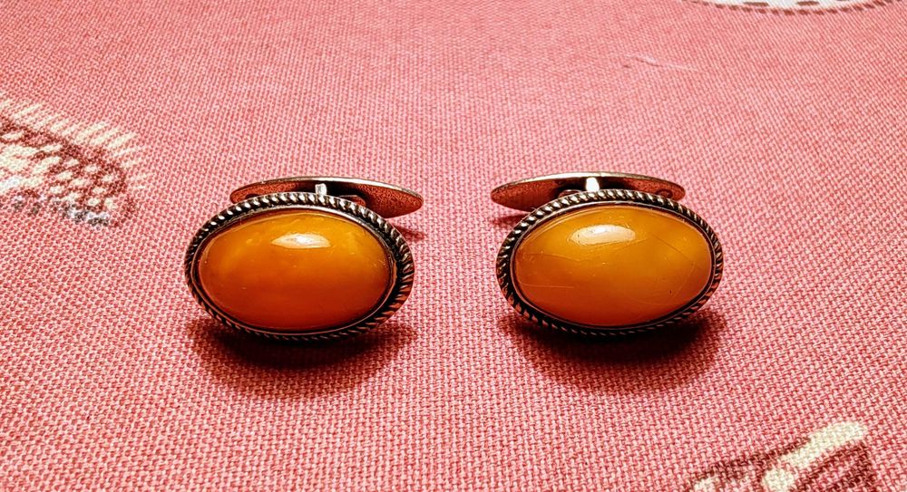 Винтажные серебряные запонки 875°с королевским янтарём,Рига 50-е, СССР
