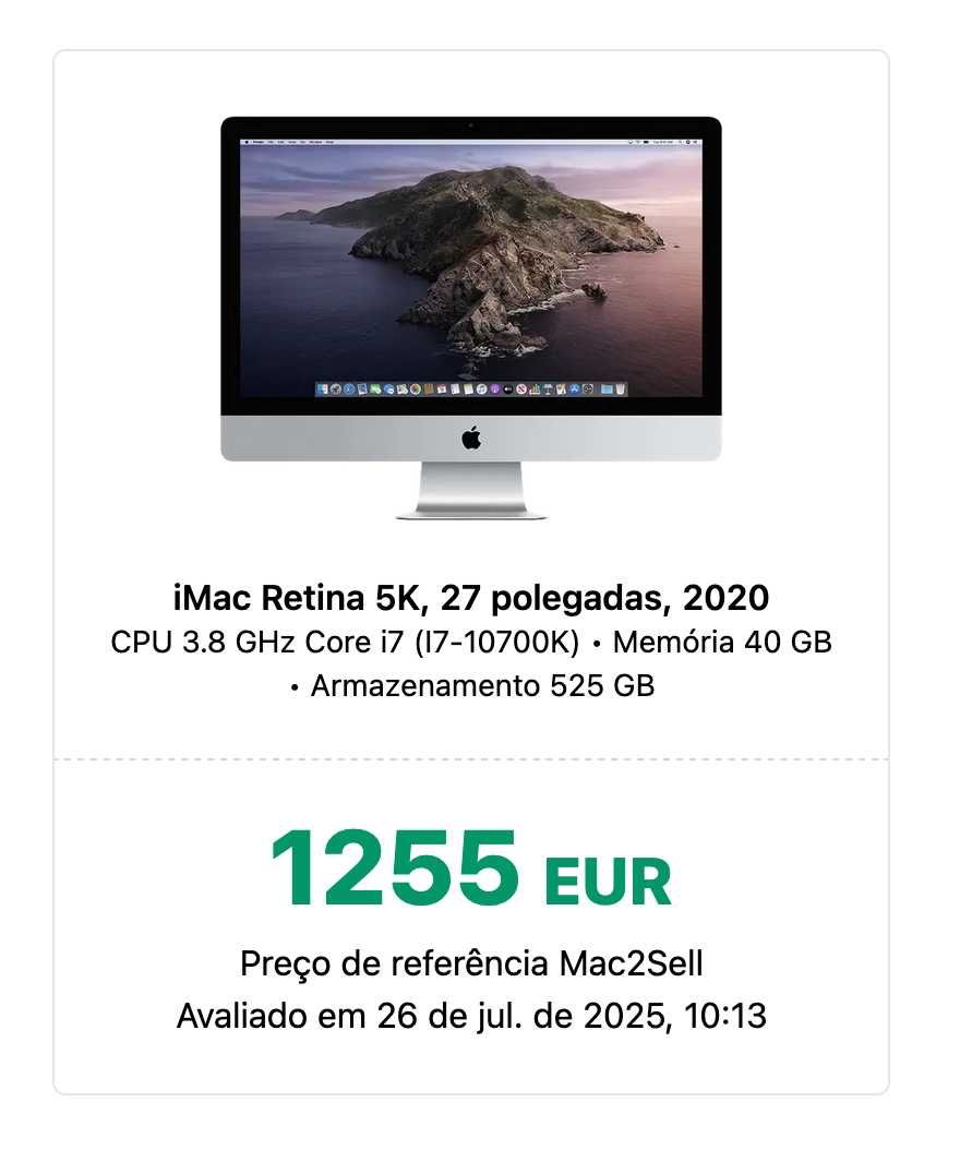 iMac 27" 5K SSD 525 Gb - 3,8 GHz 8-Core Intel Core i7 de 2020 - €1250