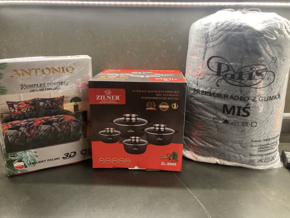 Komplet garnków, pościel 220x200, koc 220x200