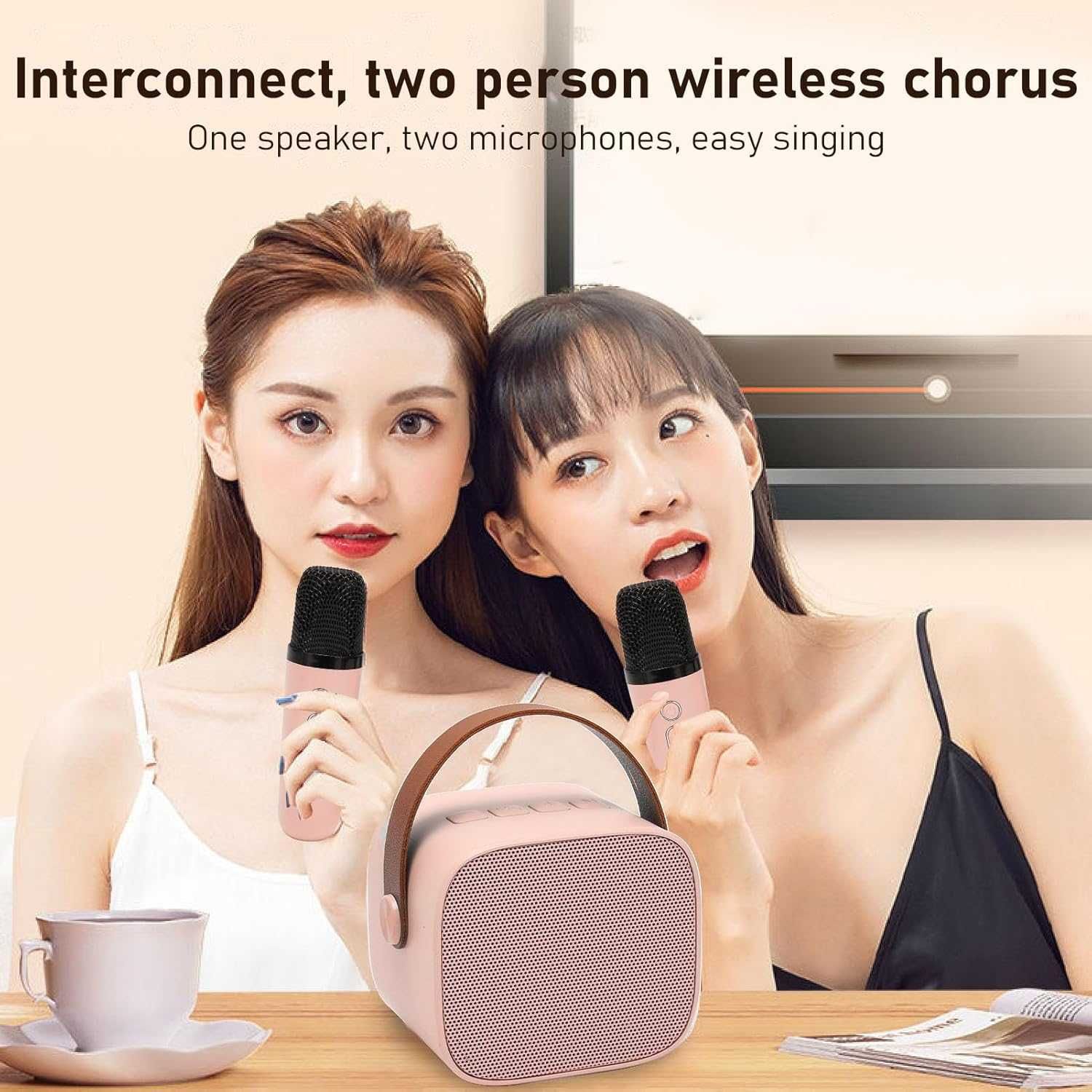 Mini Zestaw do Karaoke, Głośnik Stereo Bluetooth z 2 Mikrofonami RGB