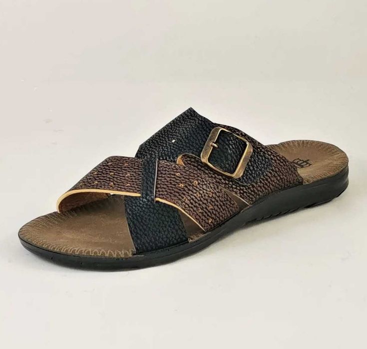 Мужские Тапочки Шлёпанцы Сланцы Чёрные с Коричневым Кожаные