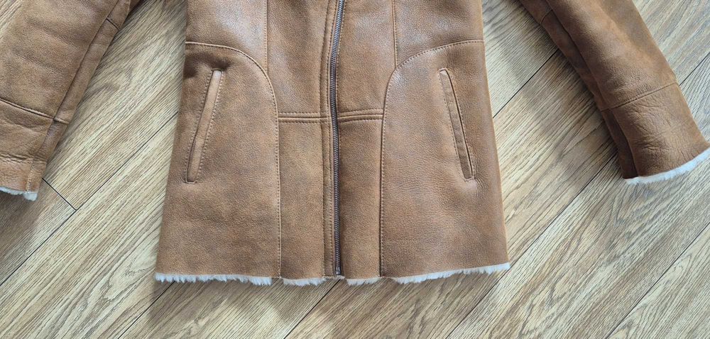 Kożuch damski rozm. S ciepły, duży kaptur Pilotka skóra owcza