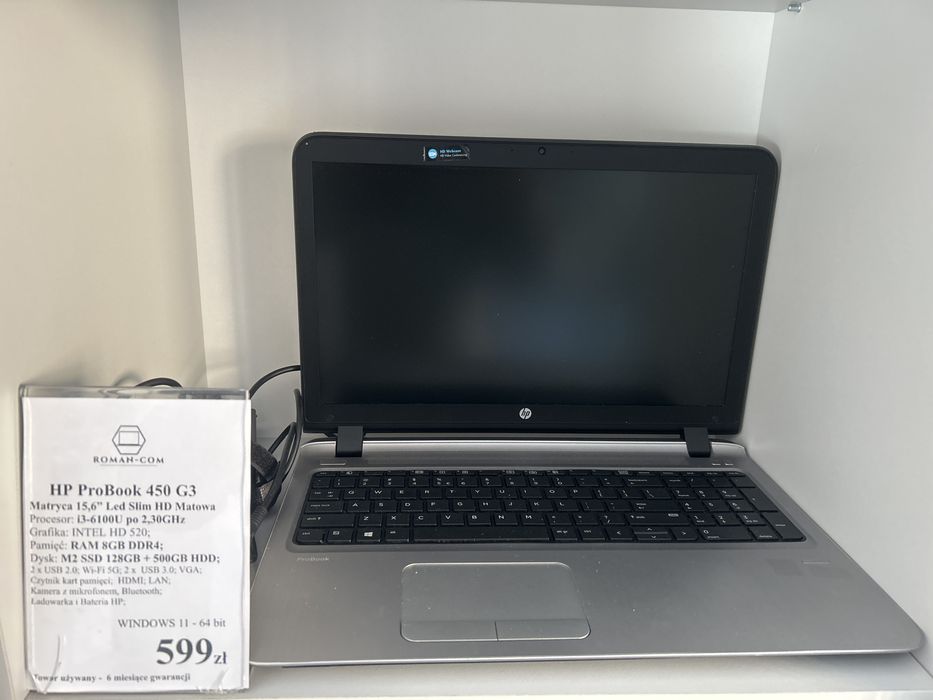 Laptop Poleasingowy HP 450 G3/i3-6100 2,3GHz/8GB DDR4/Dyski 628GB/15"/