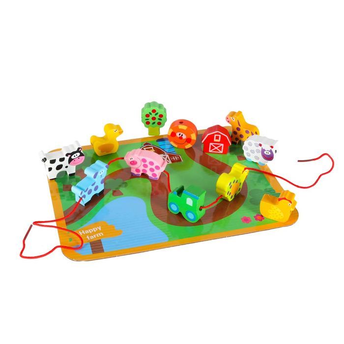 Klocki Drewniane Do Nawlekania Tablica Plansza Farma Zwierzęta