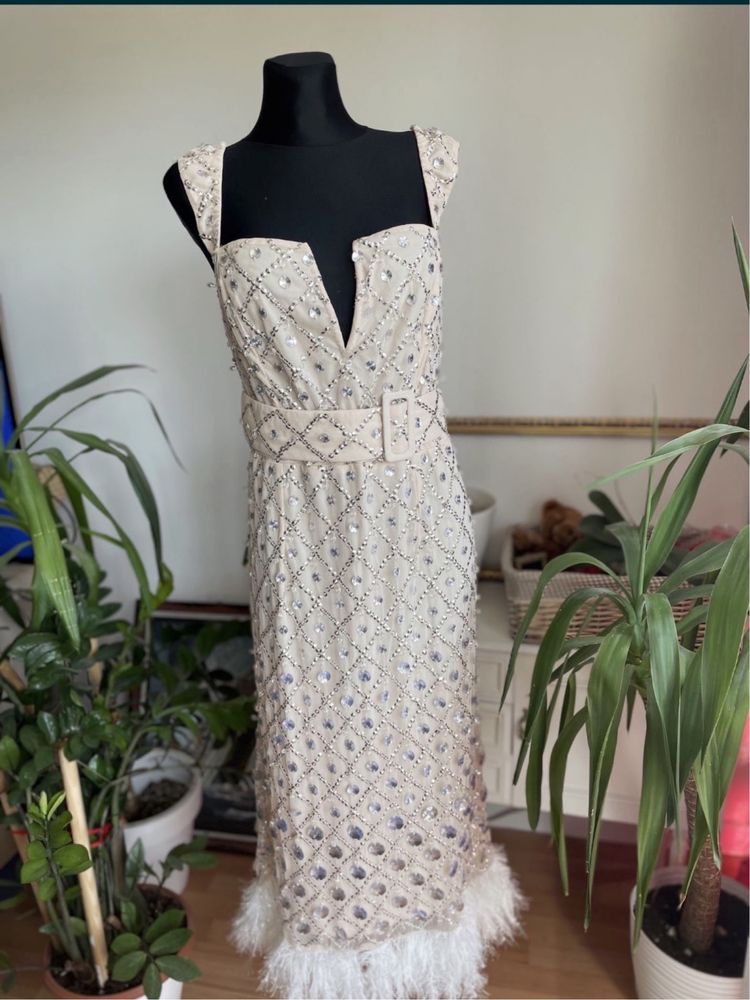 Asos luxe cekinowa sukienka midi midaxi pióra 44 xxl  46 3 xl zdobiona