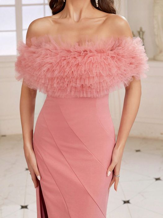 Sukienka Wieczorowa Z Tiulowym Dekoltem Odkryte Ramiona Maxi Shein S