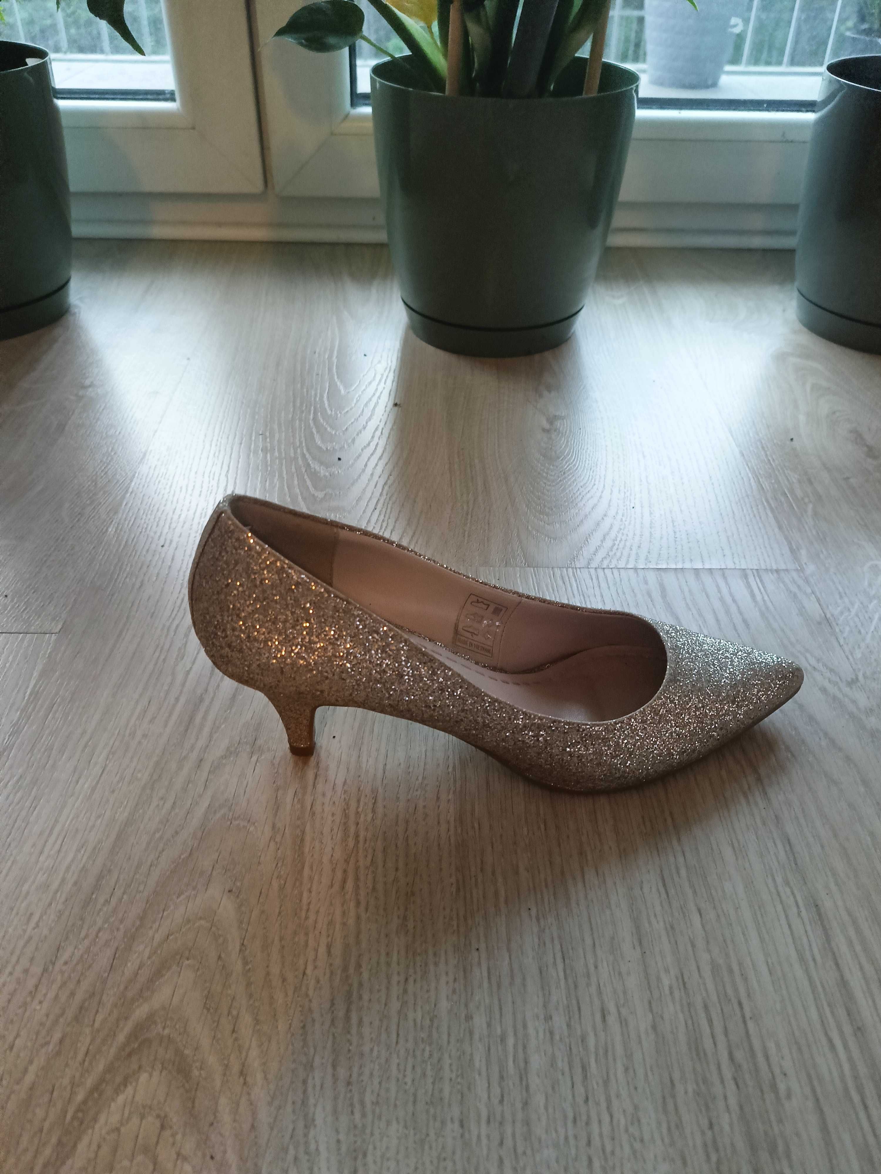 Czółenka na Niskim Obcasie SZpilki BROKATOWE Buty ZŁOTE DAMSKIE