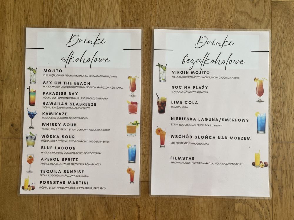 Menu drinki na wesele akcesoria ślubne