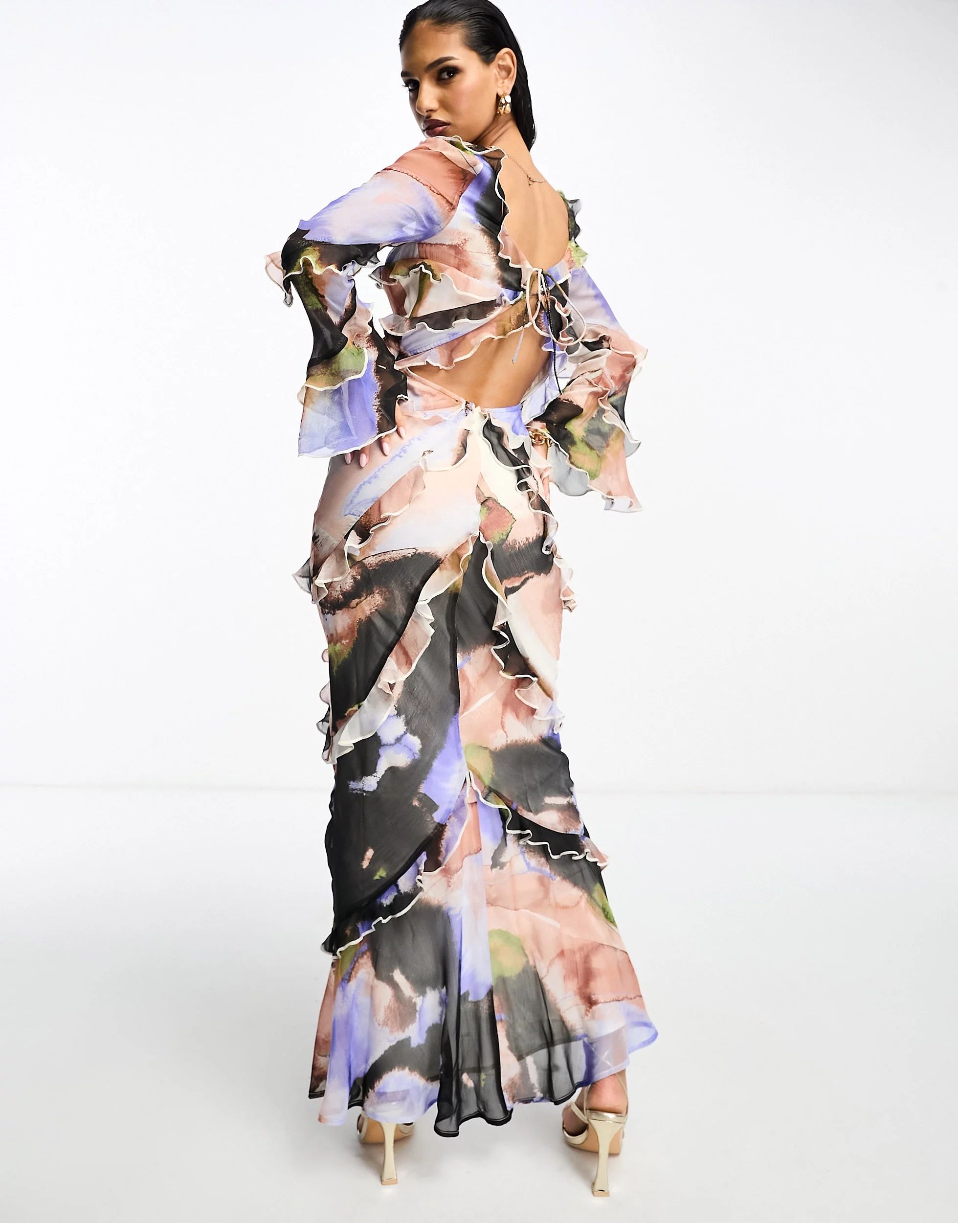 Asos Design 36 S Sukienka Wzorzysta Maxi Z Falbankami R11328