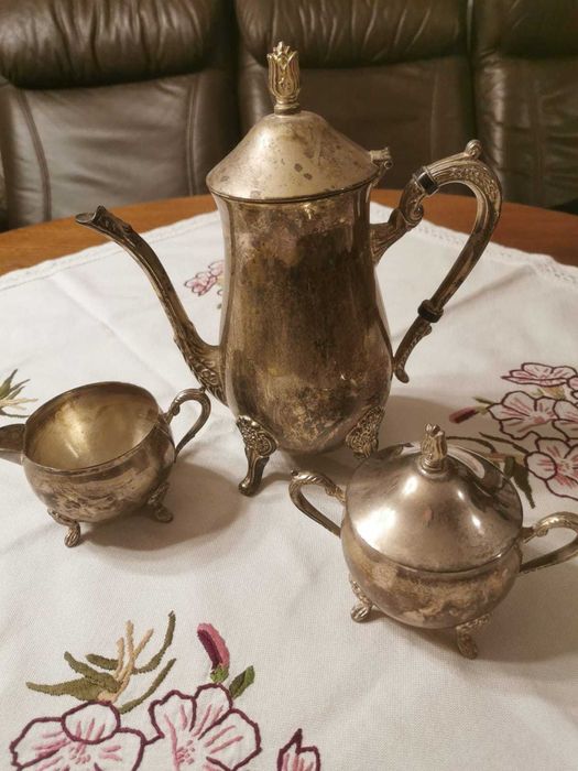 Piekny posrebrzany zestaw zastawa antyk dzbanek cukierniczka mlecznik