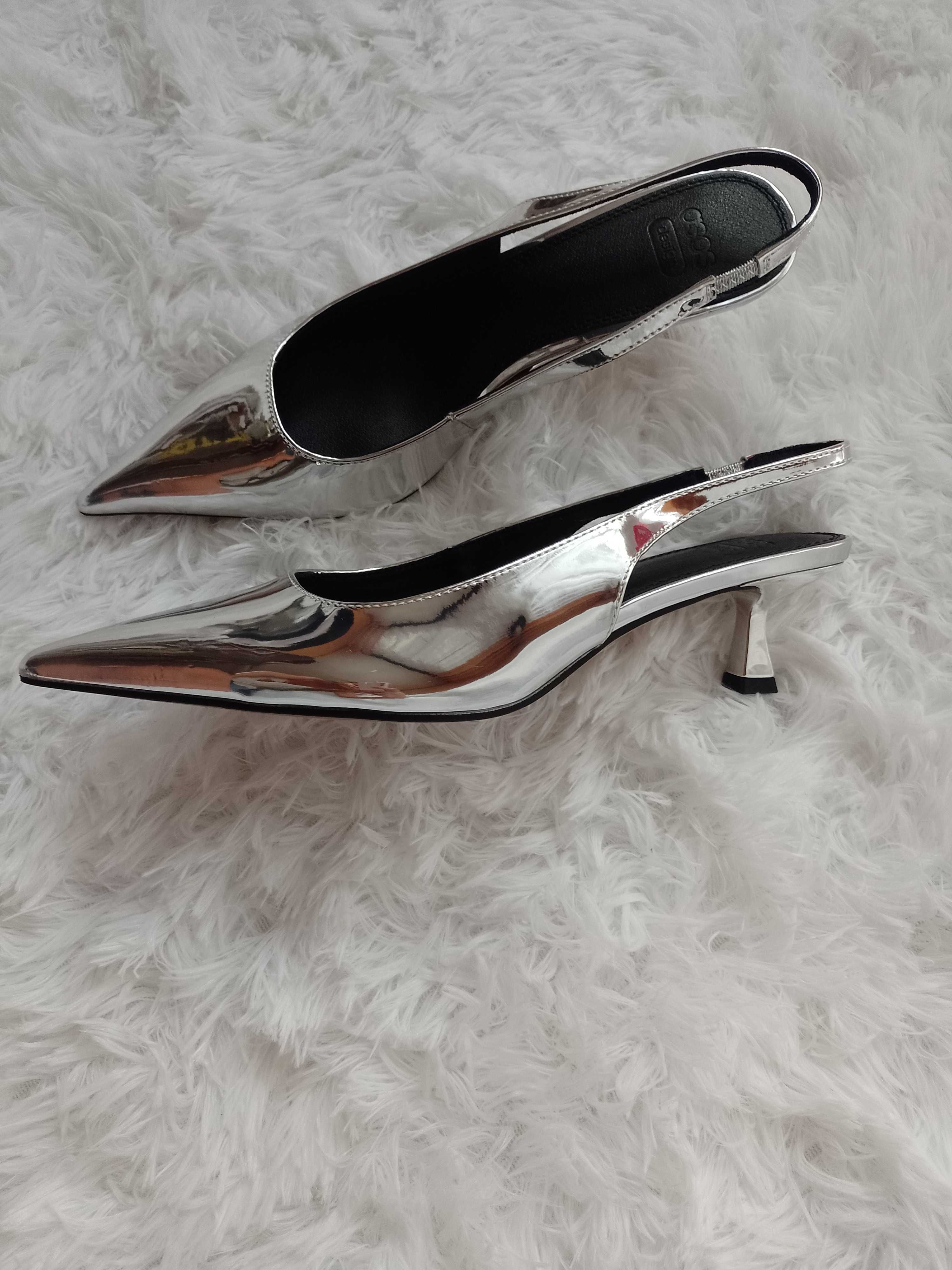(39) ASOS/ Srebrne czółenka z odkrytą piętą z Londynu, NOWE