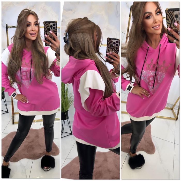 Elegancka bluza tunika z kapturem cyrkonie Lola bianka