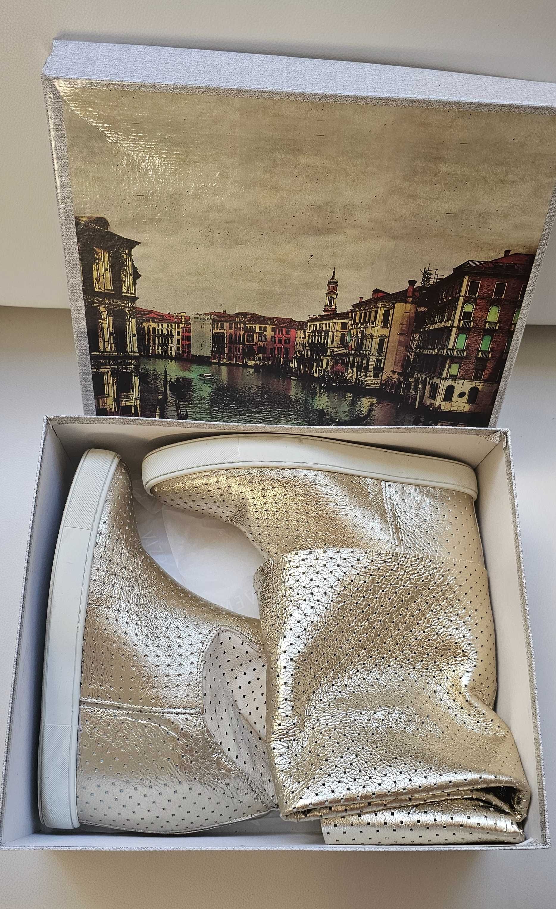 VENEZIA botki złote koturna skóra naturalna