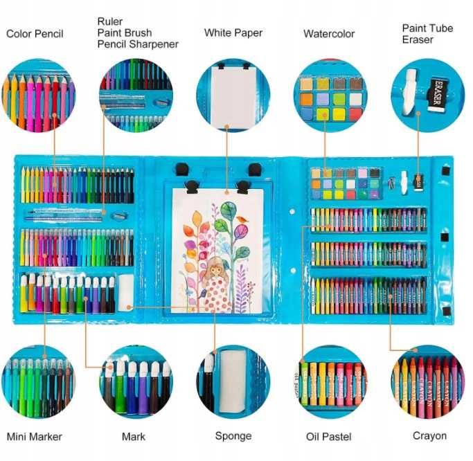 Zestaw artystyczny malowania 208 el w walizce + KREDKI + DŁUGOPIS UV