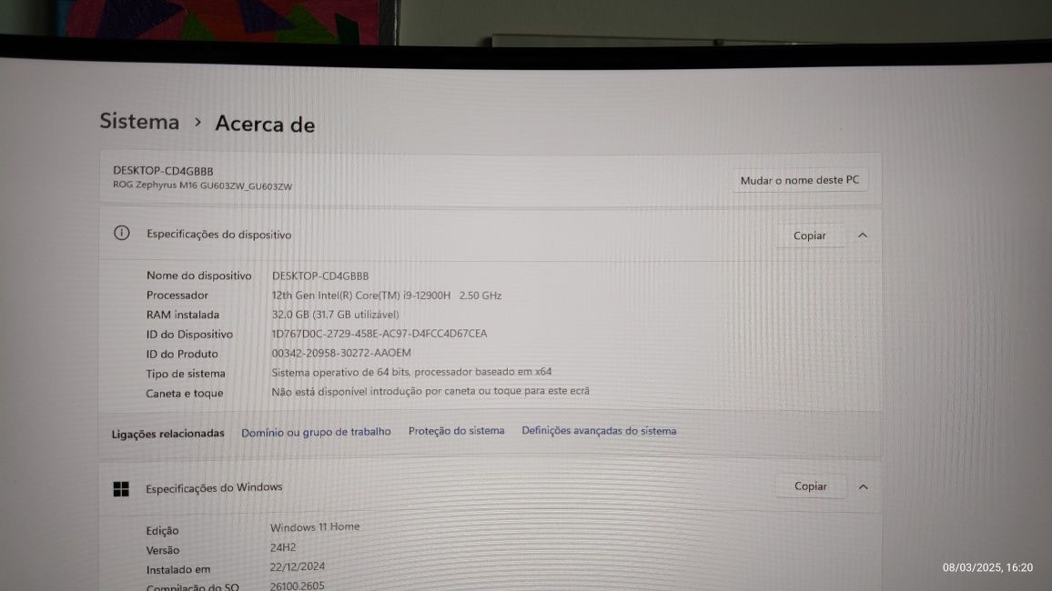 Portátil ASUS Rog Zephyrus Intel Core i9