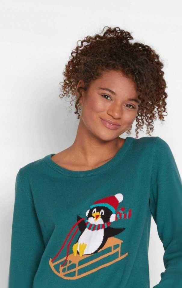 Zielony świąteczny sweter z pingwinkiem