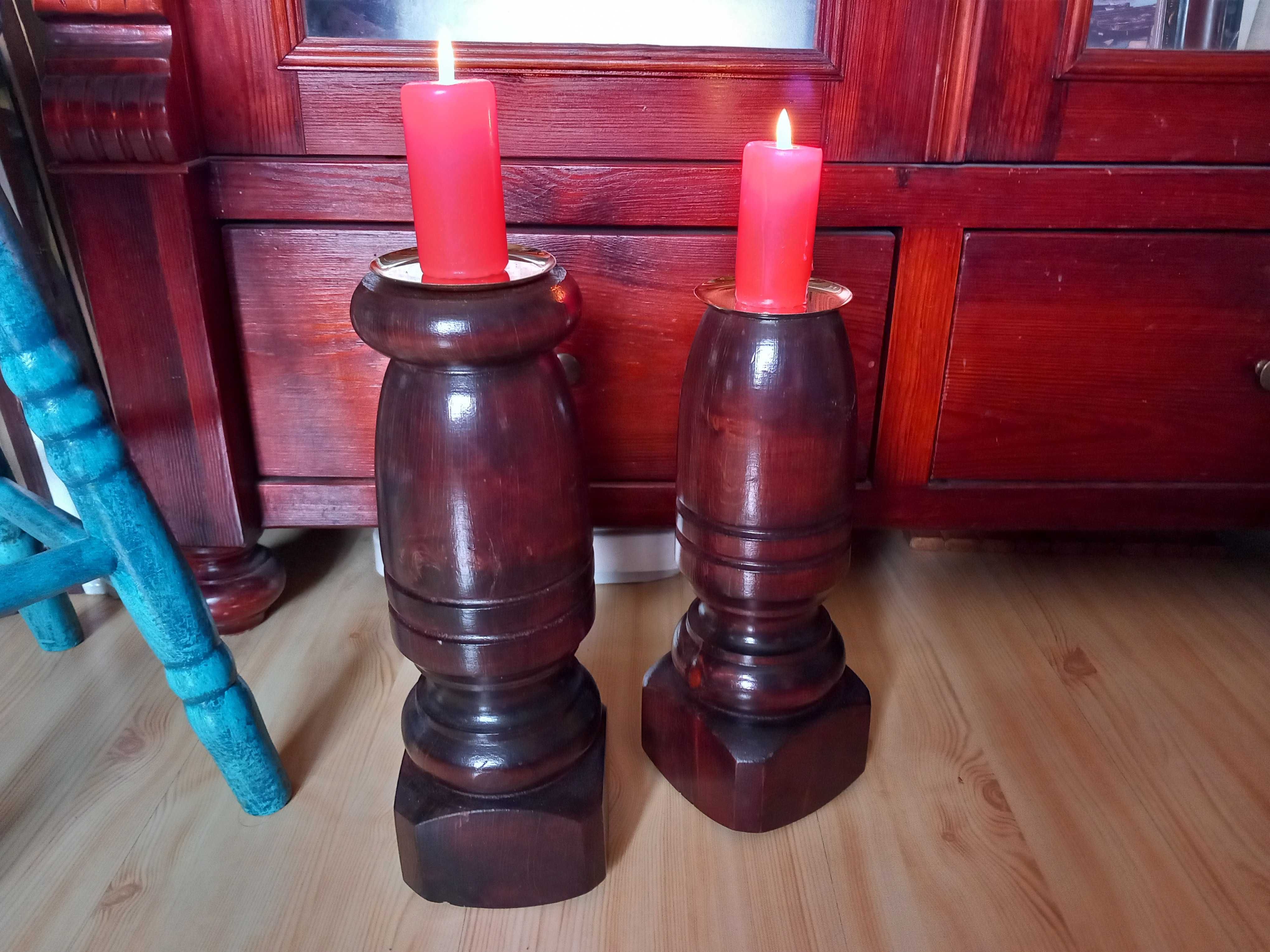 Duże piękne świeczniki drewniane / VINTAGE rękodzieło DIY -2 szt.