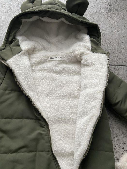 Zimowy kombinezon zielony dla chłopca z misiem i kapturem + rękawiczki