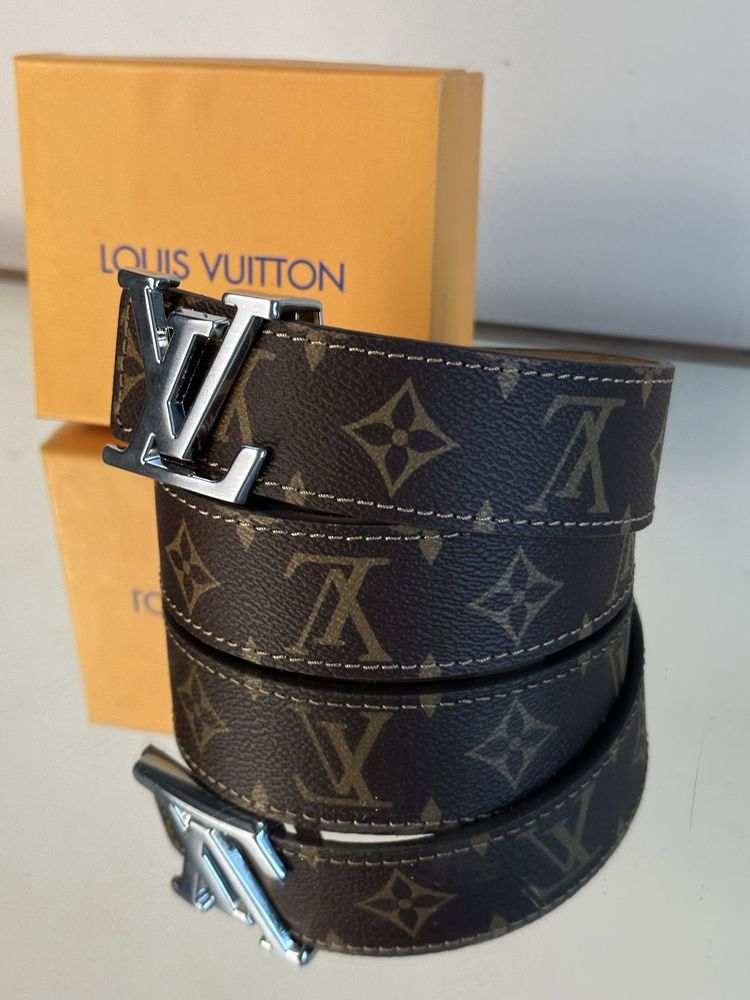 Pasek skórzany Louis Vuitton monogram skóra naturalna LV srebrna klamr