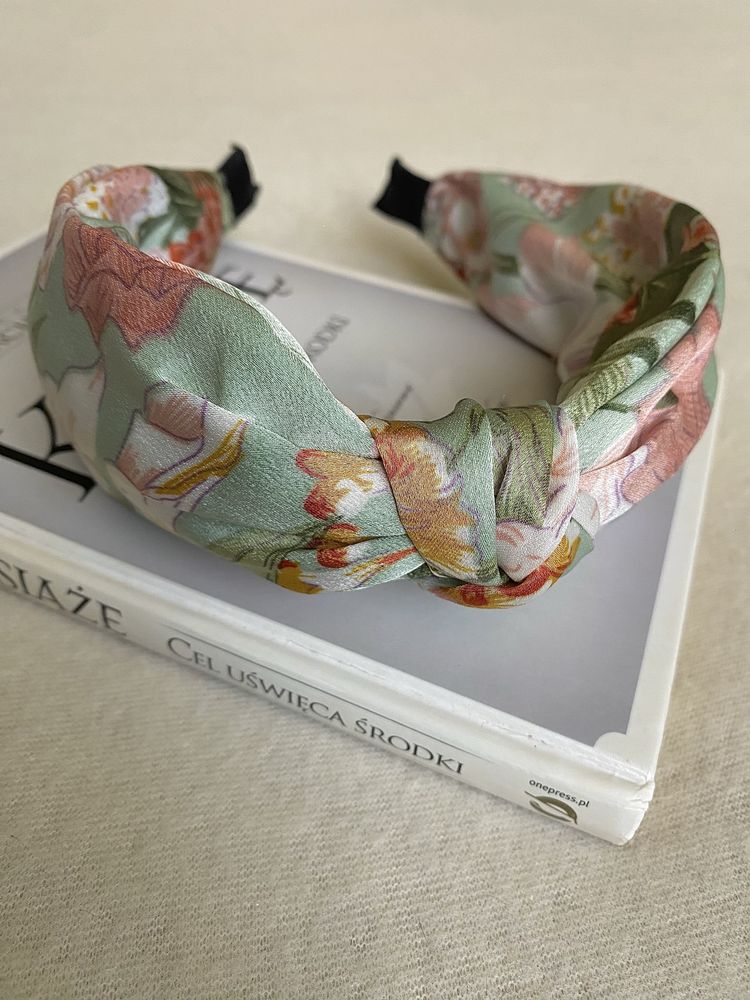 Opaska do włosów Floral Art/Boho/satynowa wysoka, Kwiaty/Floral/Green