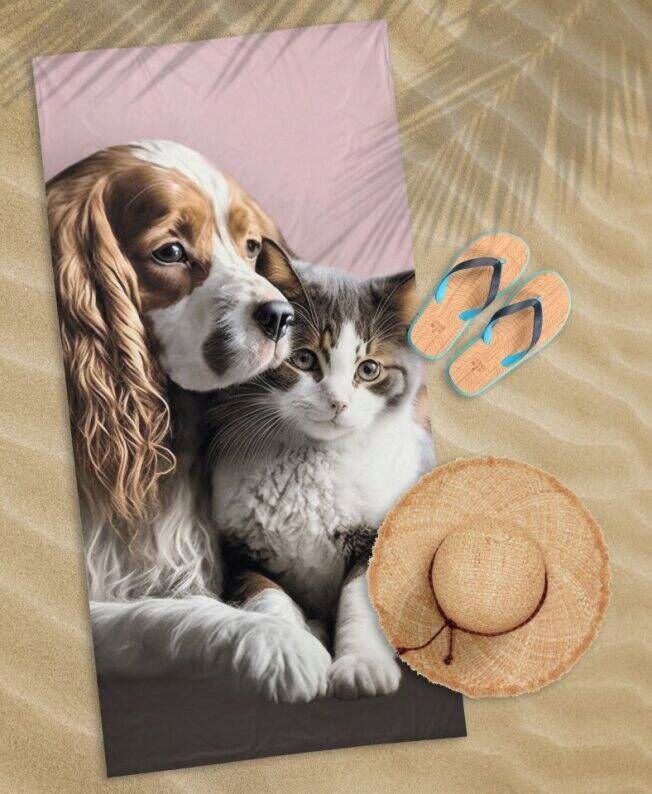 Ręcznik plażowy 70x140 Pies i kot dziecięcy bawełniany młodzieżowy