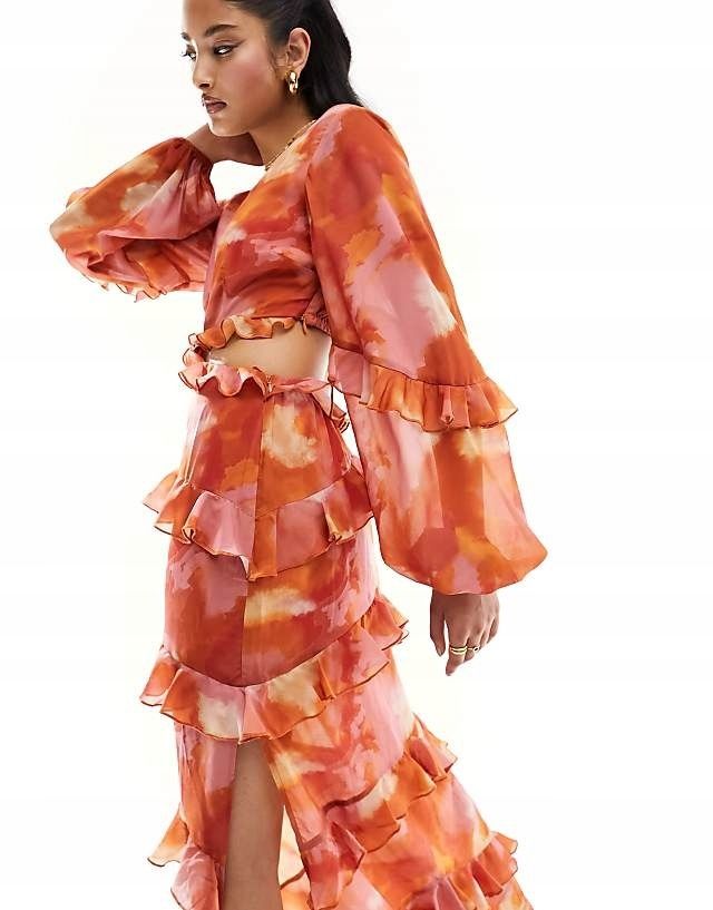 Pretty Lavish 38 M Sukienka Z Falbankami Maxi Abstract H15138