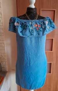 Jeansowa sukienka hiszpanka Denim F&F 38/40 haftowane kwiaty kieszenie
