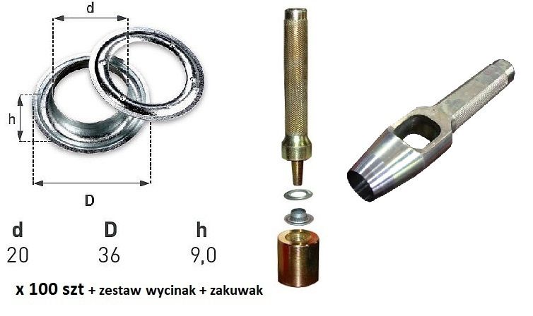 Oczka 100 szt do plandeki fi20 zakuwak + wycinak