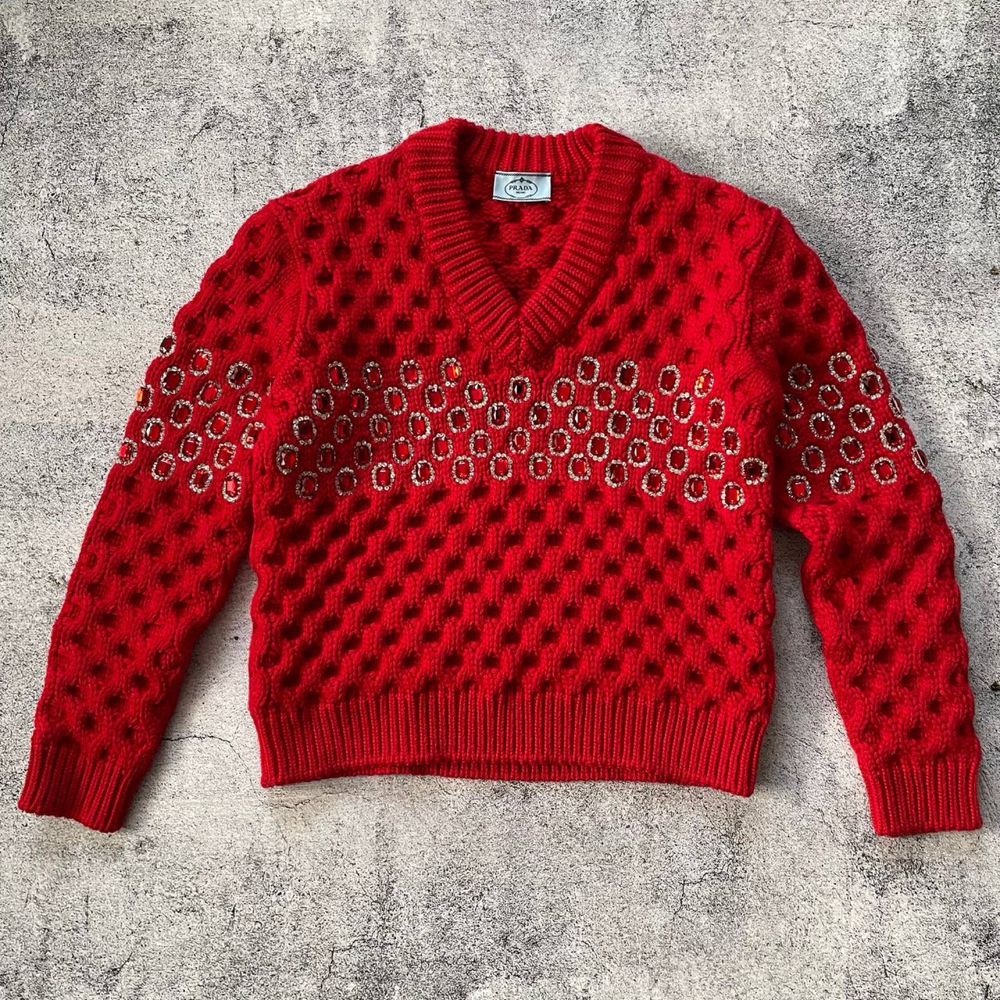 Светер Prada Red Wool Chunky-knit Crystal Embellished