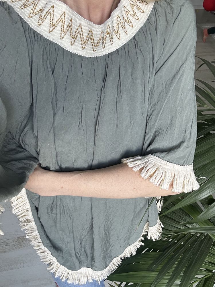 Bluzka letnia Zara frędzle r 38 M oversize khaki