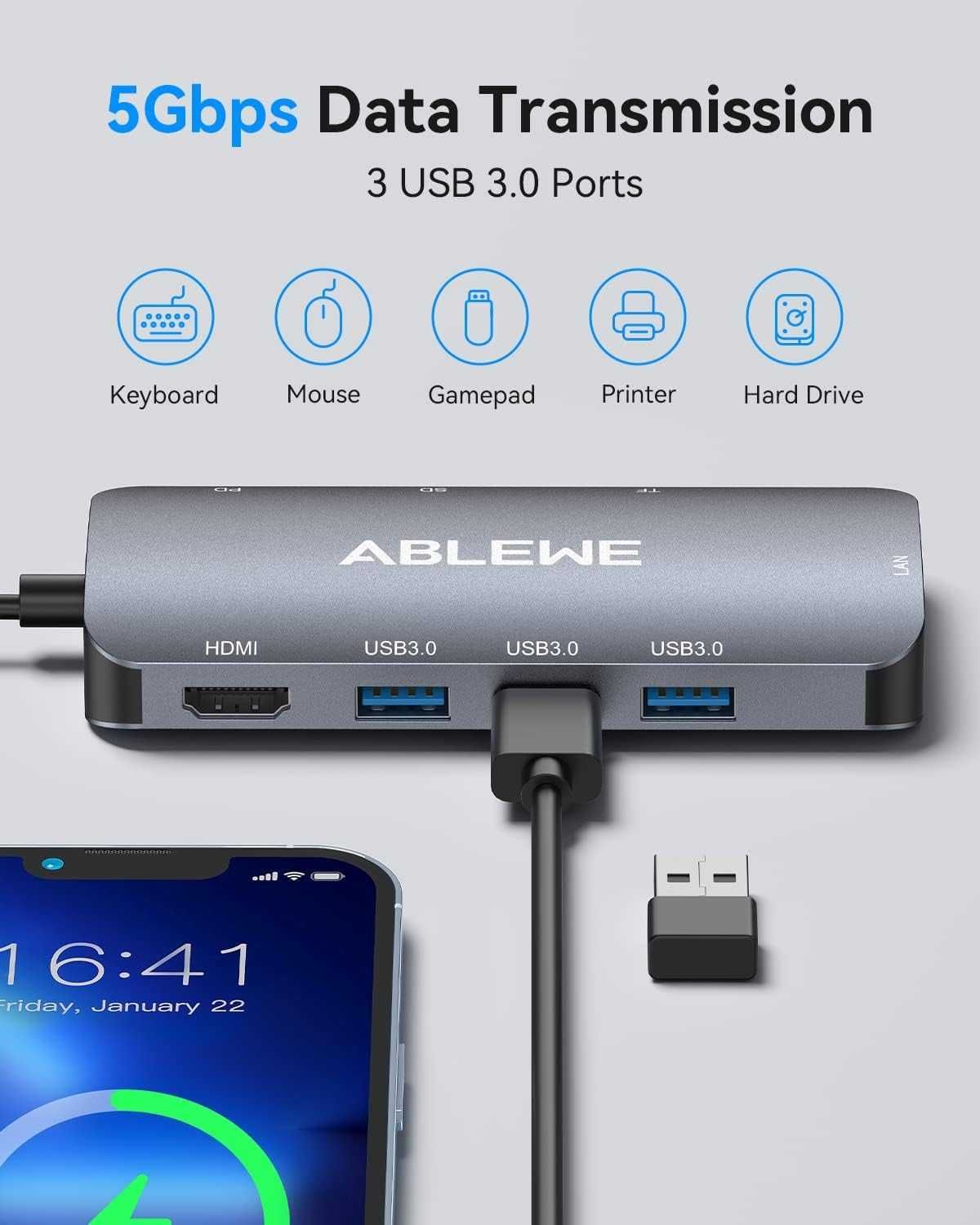 Hub USB C, 8 w 1 adapter wieloportowy USB C na HDMI z 1000 m Ethernet