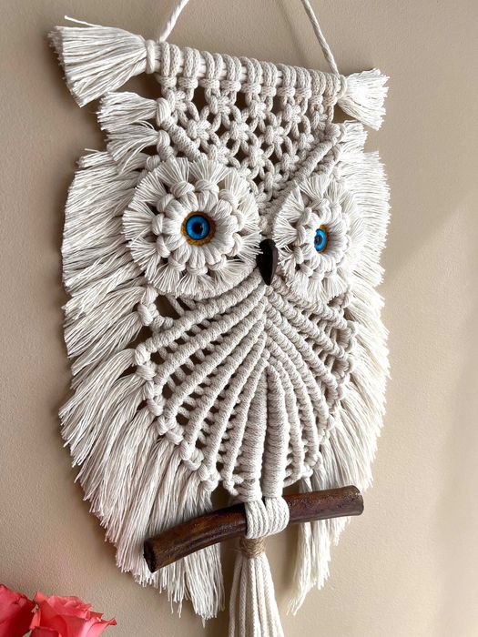 Makrama Biała Sówka - niebieski oczy