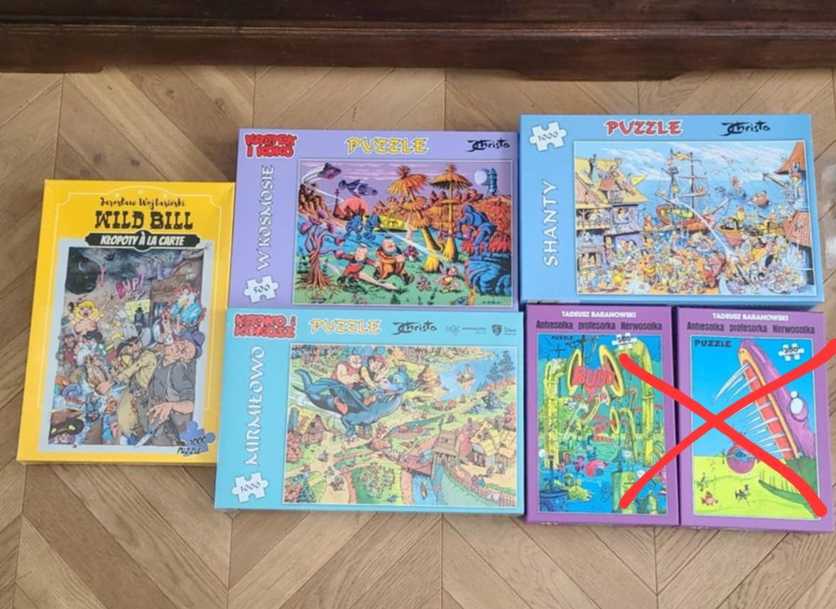 Układanki komiksowe 6 sztuk różnych. Christa Baranowski. Binnio Bill