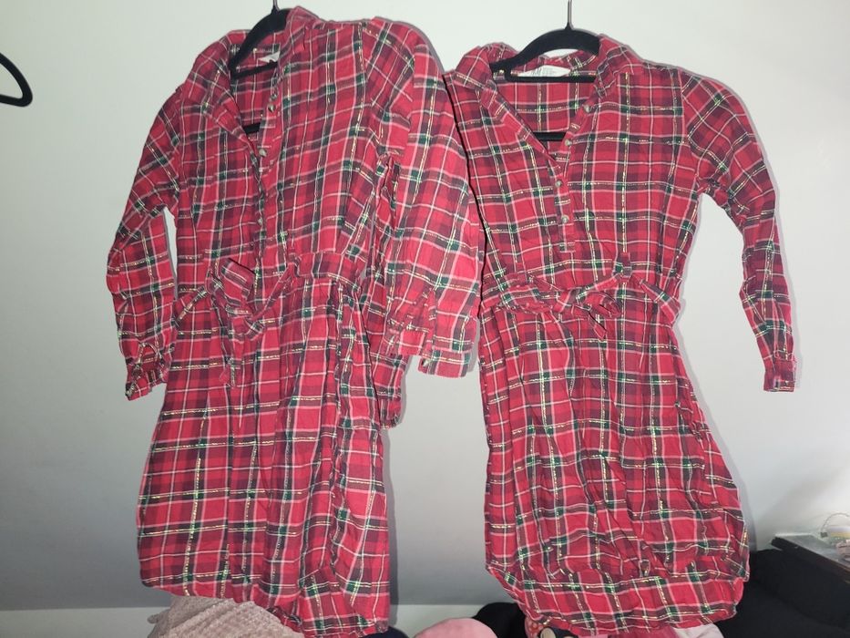 2 sukienki tuniki koszule w kratę bordowe czerwone 128 H&M bliźniaczek