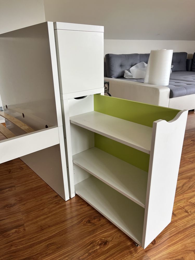 Łóżko ikea białe z zagłówkiem z szafką zielone ze stelażem 90 na 200