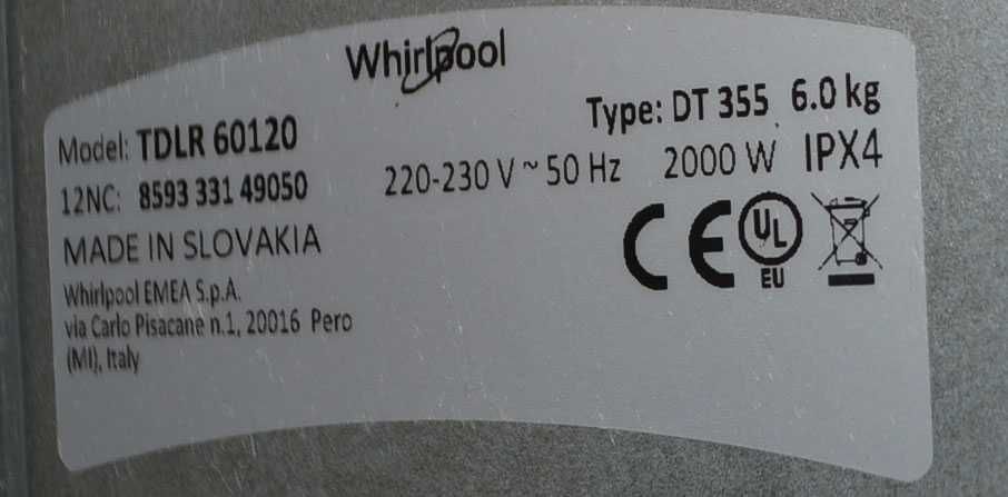 Pralka Whirlpool TDLR60120 kl.AA 1000obr. od góry ładowana Gwarancja
