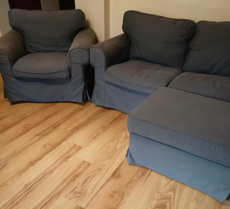 IKEA EKTORP zestaw: sofa, fotel, podnóżek, 2-letni, zadbany, -60%