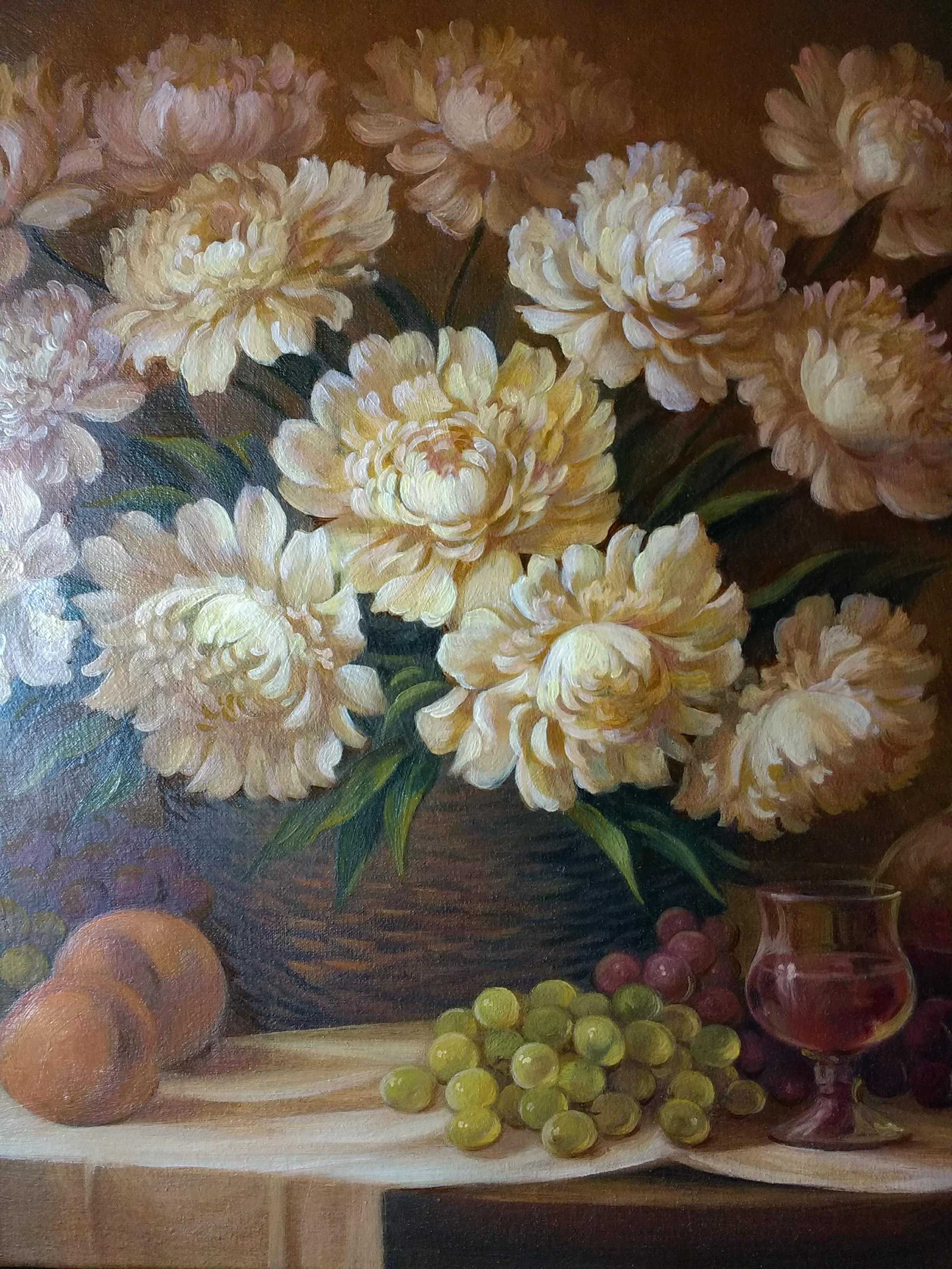 Картина маслом "Белые пионы и фрукты"