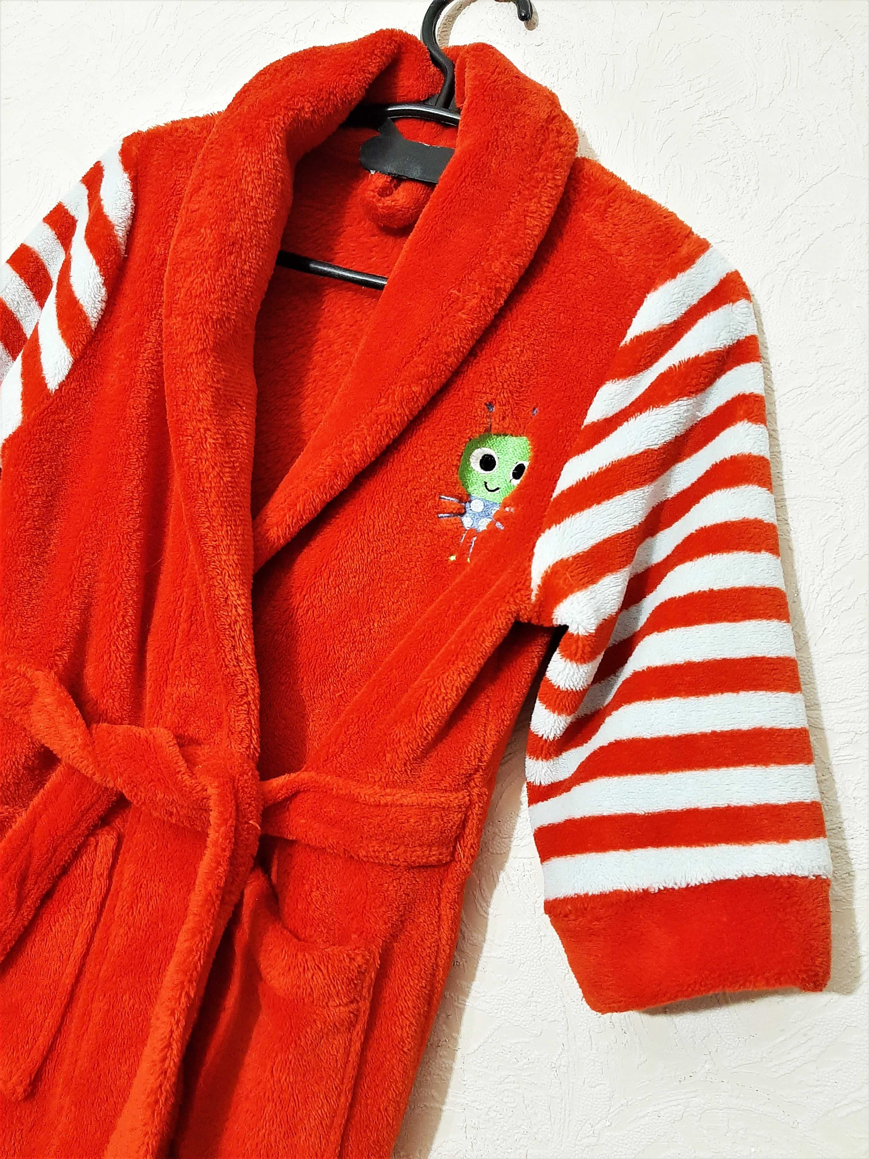 Домашній халат теплий червоно-кораловий біла смужка на дівчинку 2-5р