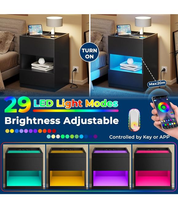 Stolik nocny ze stacją ładującą i lampkami LED, stolik nocny
