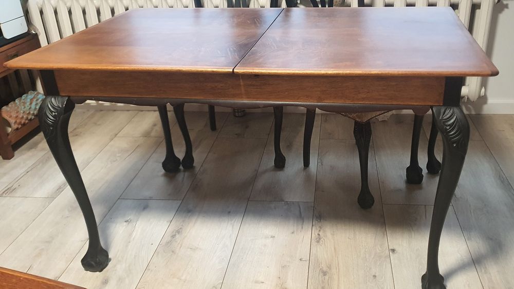 Komplet stół plus cztery krzesła chippendale czarny dębowy drewno