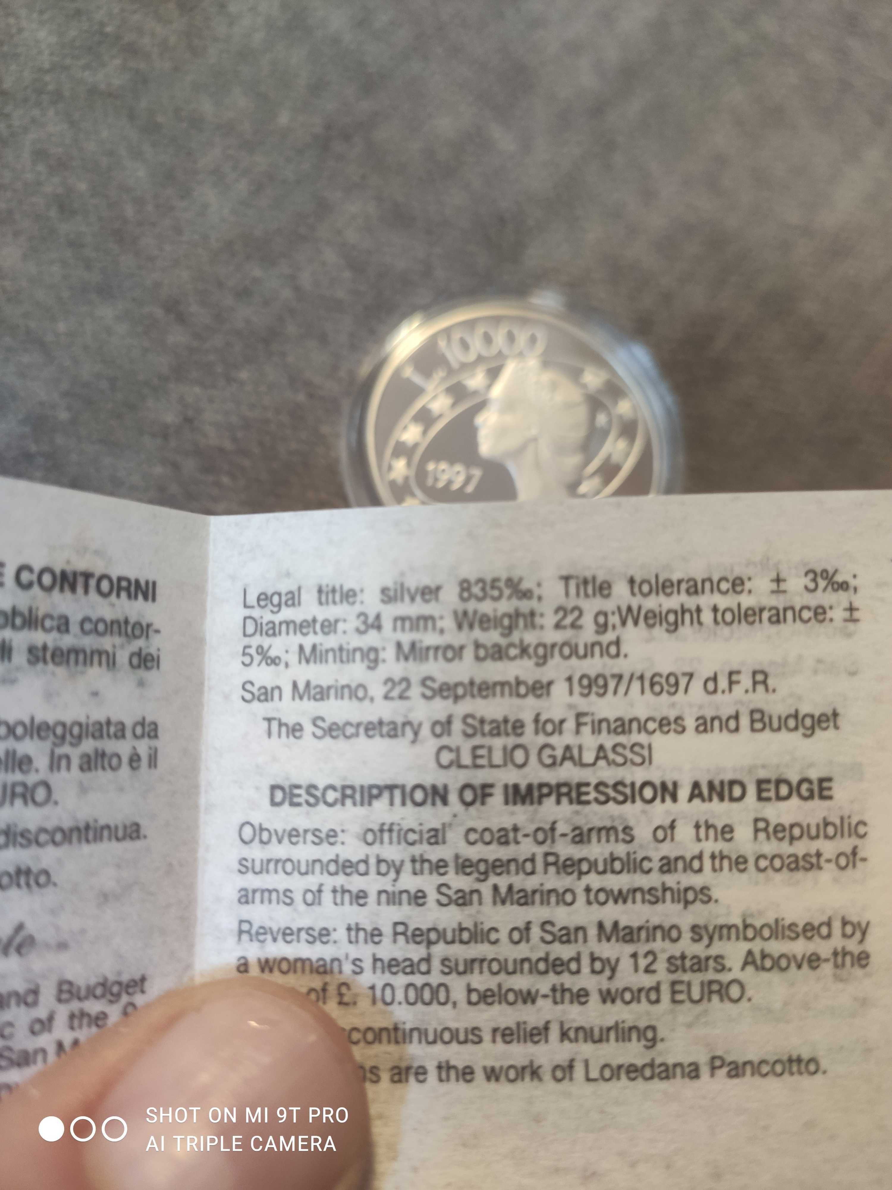Сан-Марино 10000 лир 1997 ЕВРО банк состояние комплектация серебро