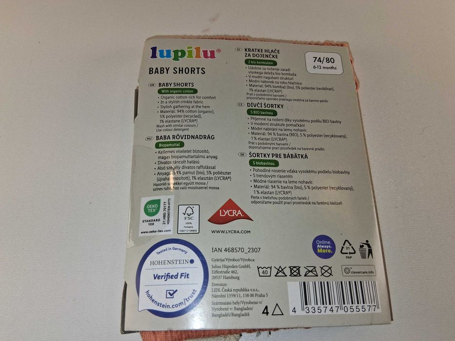 A029 Lupilu Baby Shorts Krótkie spodenki dla niemowląt bawełna 74/80