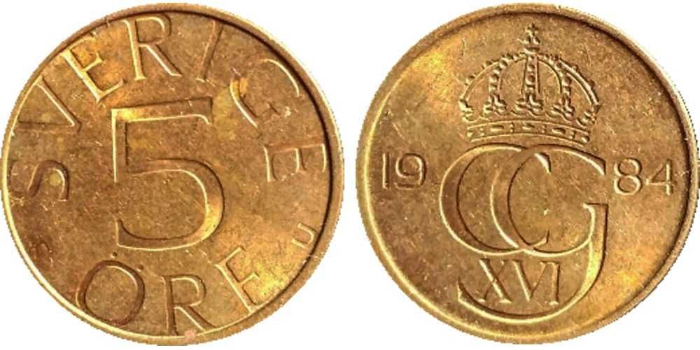 Монеты Швеции 5 и 50 эре.